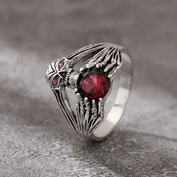 Silver Red Crystal Gothic Punk Claw Skull Ring - Picture 3 of 5